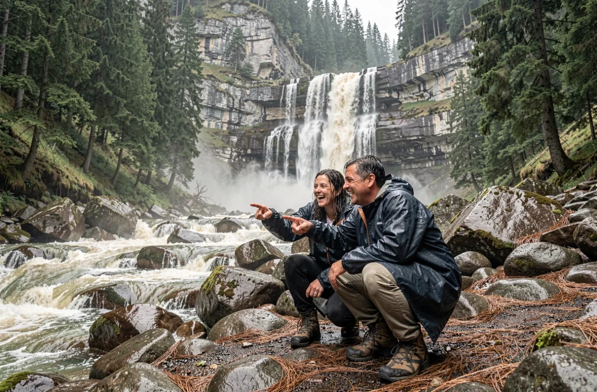 Couple de randonneurs sous poncho imperméable observant une cascade à plusieurs niveaux en Haute-Savoie sous la pluie