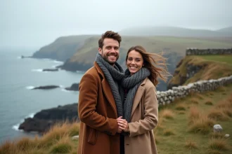 Jeune couple sur une falaise avec vue sur la mer et ruines anciennes
