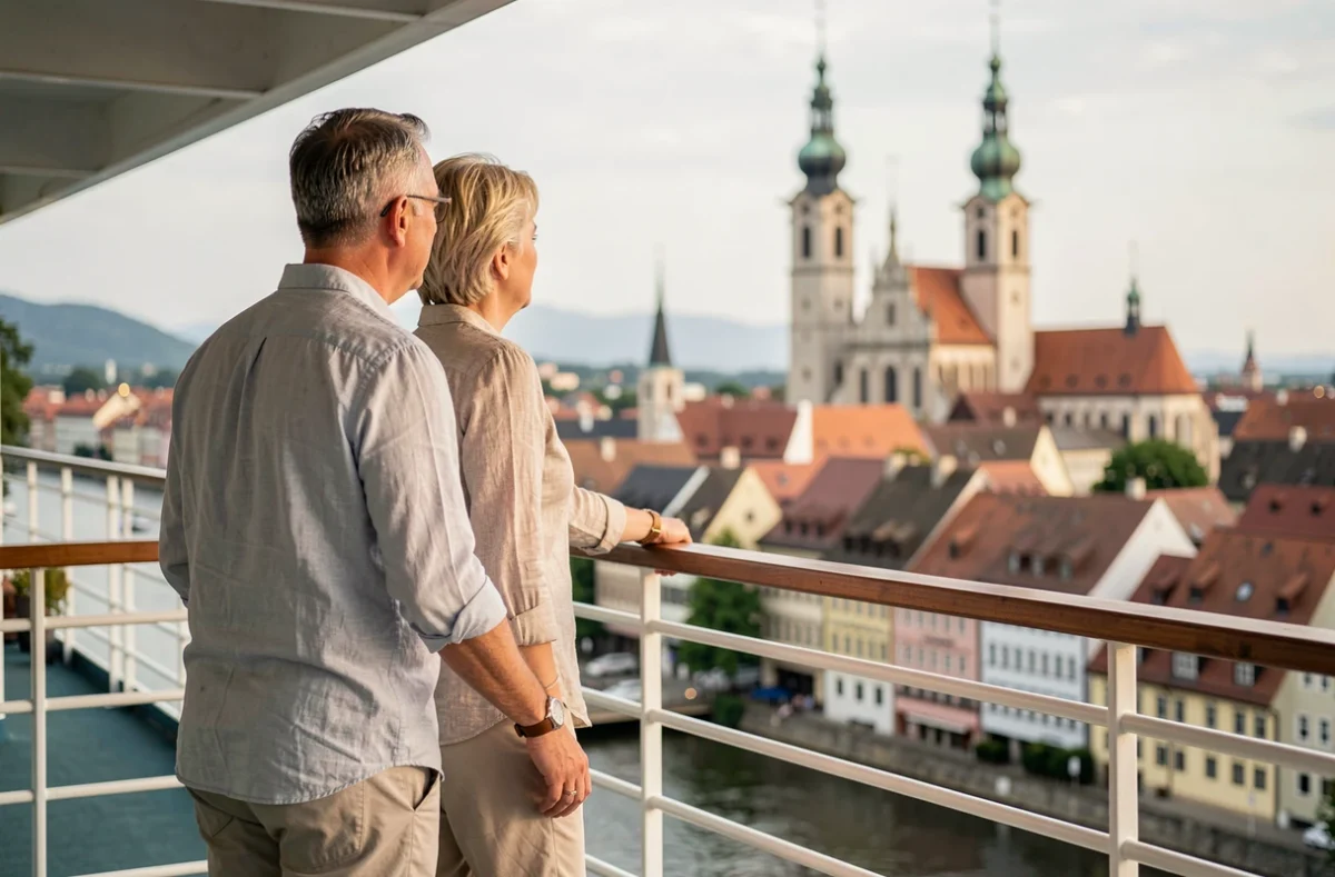 Couple de voyageurs admirant la ville de Passau depuis le pont d'un navire de croisière sur le Danube