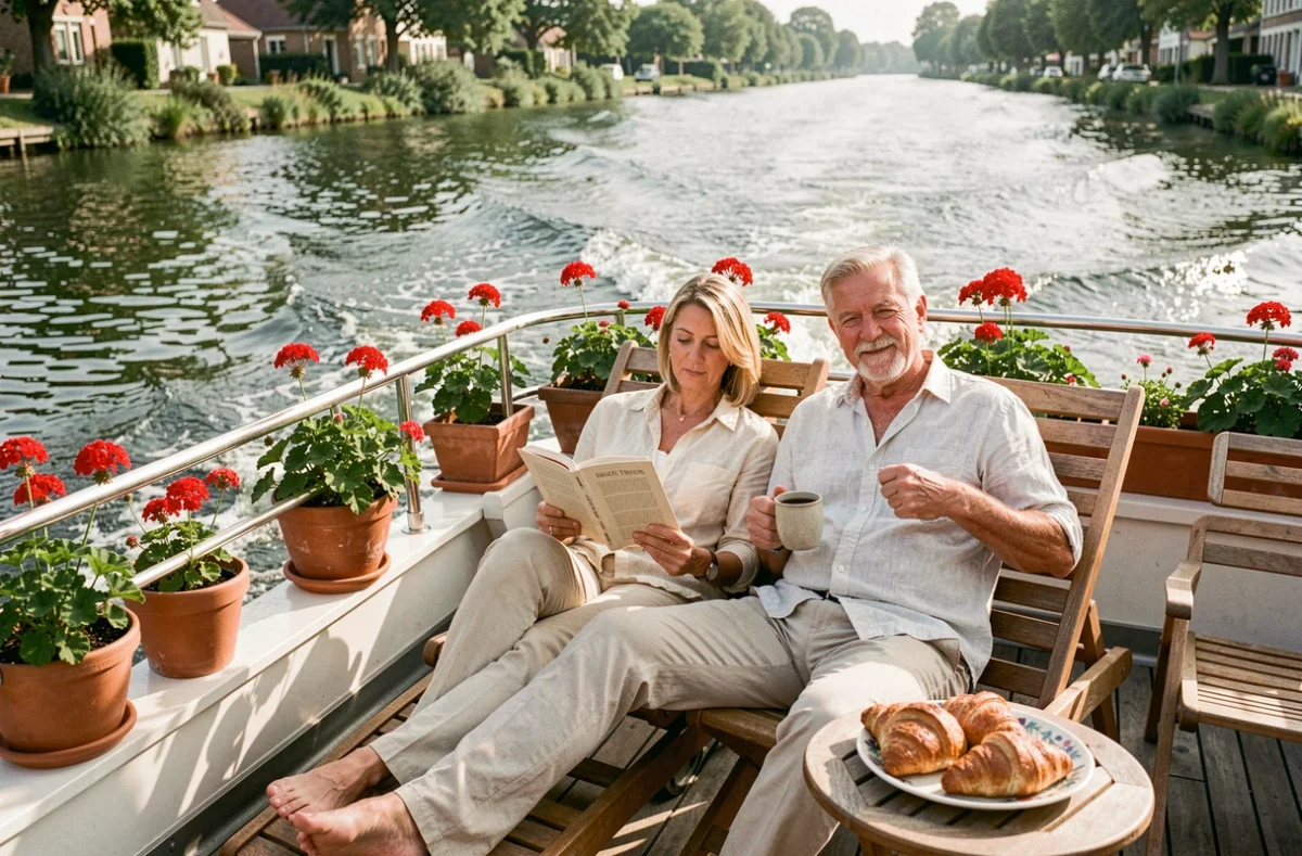 Couple détendu sur le pont d'une péniche de croisière lisant et savourant un café au bord du canal