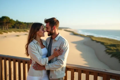 Jeune couple souriant devant la Dune du Pilat