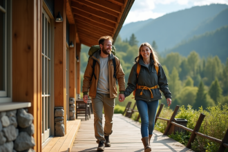 Couple souriant devant une ecolodge en forêt