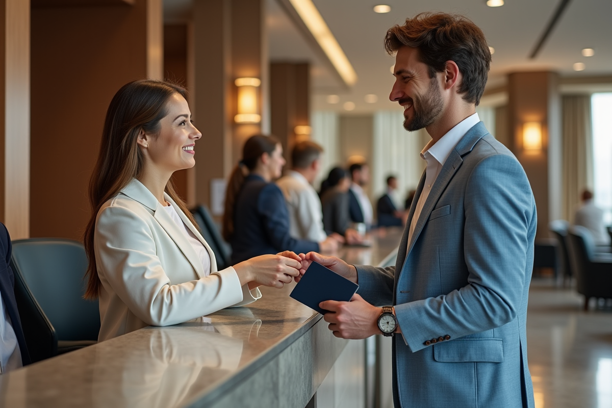 Couple d adultes à la réception d'un hôtel moderne