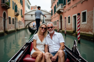 Couple dans une gondola à Venise avec ponts et façades colorées