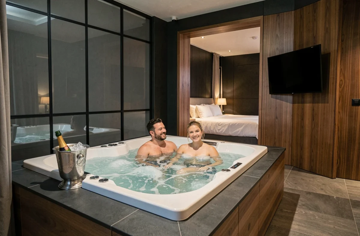 Couple profitant d'un jacuzzi privatif dans une chambre d'hôtel moderne au cœur de Paris
