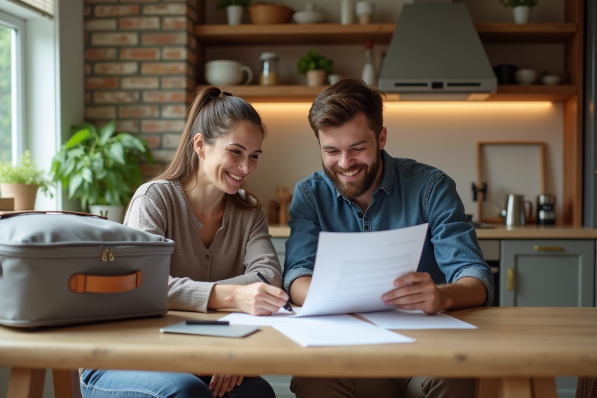 Couple souriant discutant contrat de location dans une cuisine chaleureuse