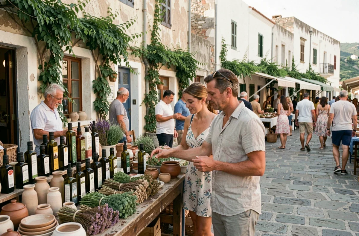 Couple explorant un marché local crétois avec produits artisanaux lors d'un séjour sur mesure en Crète