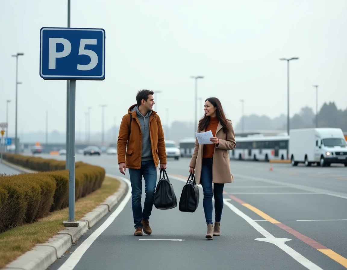 Couple naviguant dans le parking P5 de l'aéroport Toulouse-Blagnac avec leur bagage