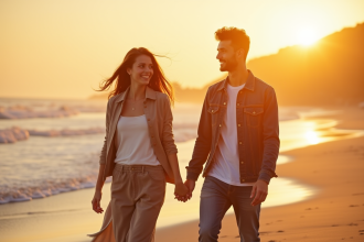 Jeune couple main dans la main sur la plage au coucher de soleil