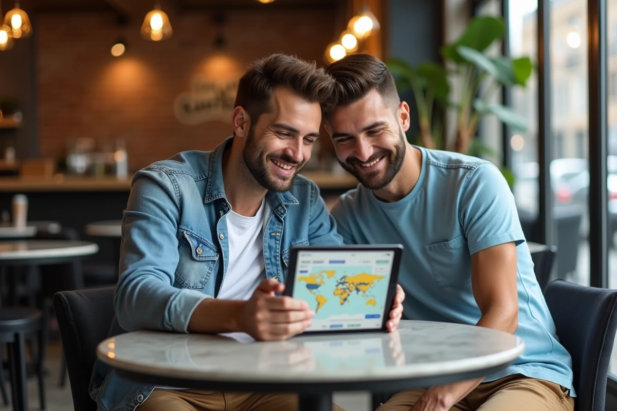 Couple planifiant un voyage en comparant les prix de billets d'avion sur Google Flights dans un café