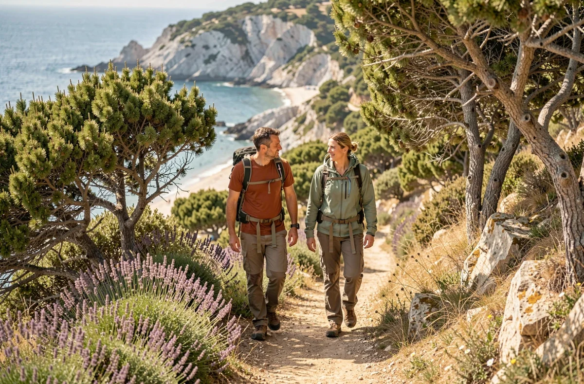 Couple de randonneurs sur un chemin côtier surplombant la plage de Portigliolo en Corse