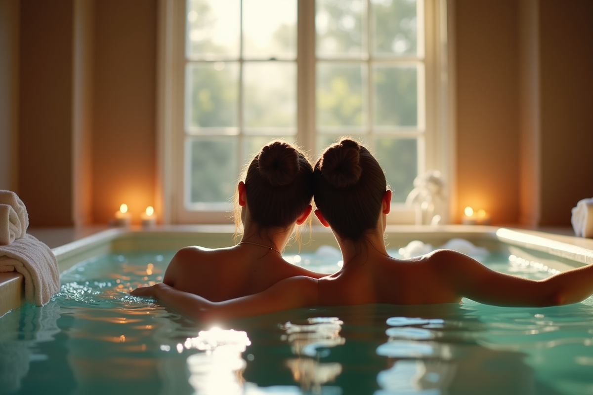 Couple relaxant dans un spa parisien luxueux avec piscine intérieure