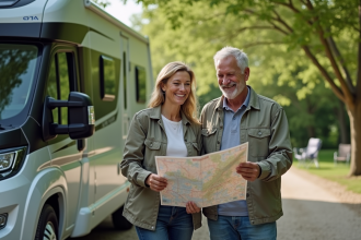 Couple souriant devant un camping-car en nature