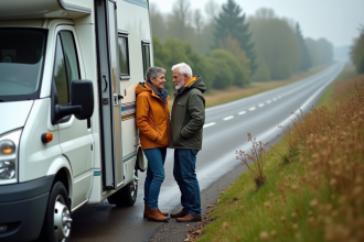 Couple regardant la roulotte en pleine nature
