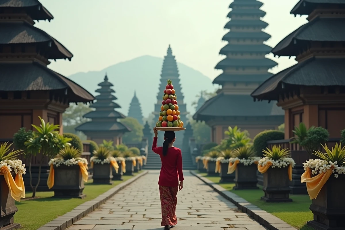 Femme balinaise portant une offrande gebogan dans la cour intérieure du temple de Taman Ayun, avec les tours meru à toits de chaume en arrière-plan