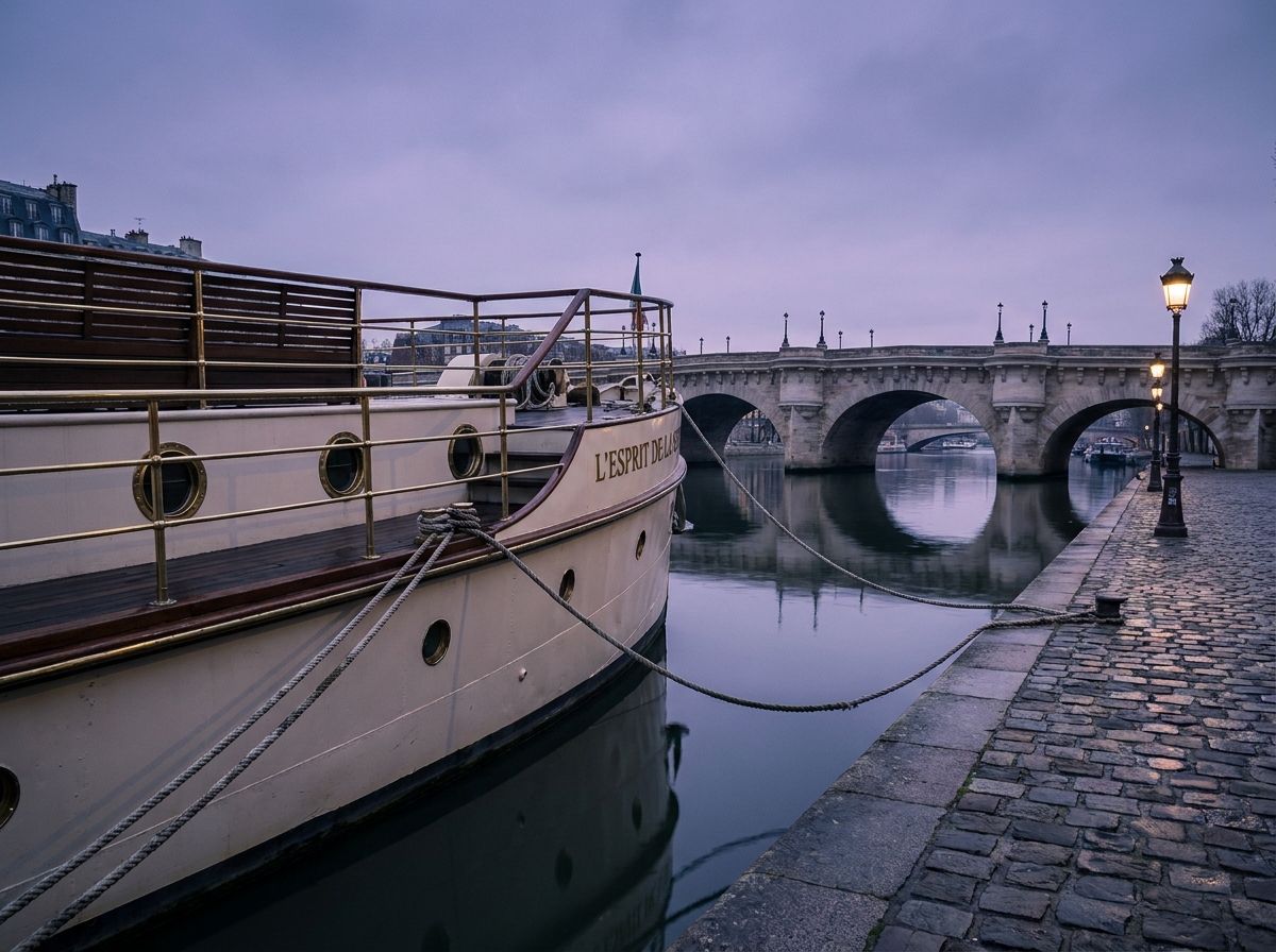 Bateau de croisière amarré sur la Seine au crépuscule avec le Pont Neuf en arrière-plan