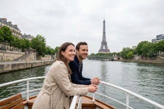Couple profitant d'une croisière sur la Seine avec vue sur la Tour Eiffel depuis le pont d'un bateau