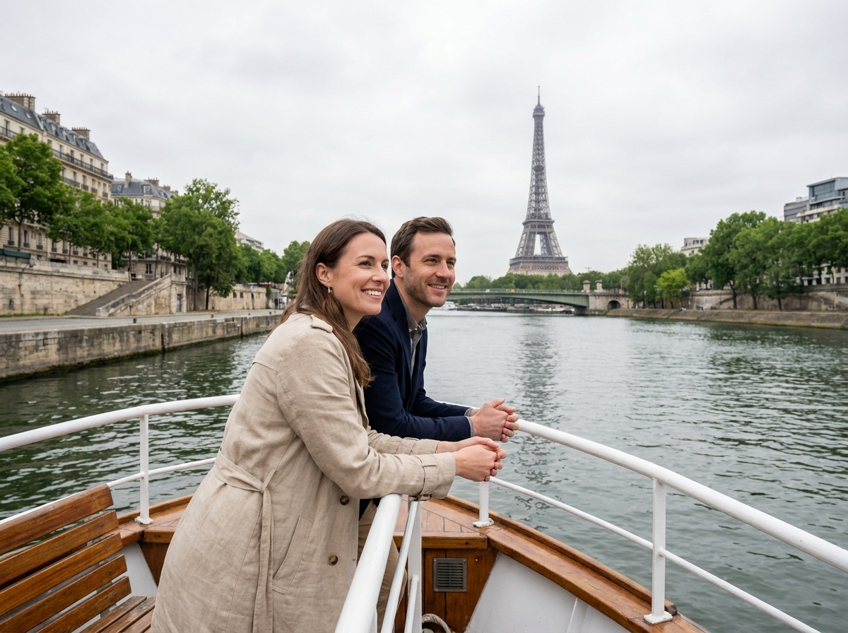 Couple profitant d'une croisière sur la Seine avec vue sur la Tour Eiffel depuis le pont d'un bateau