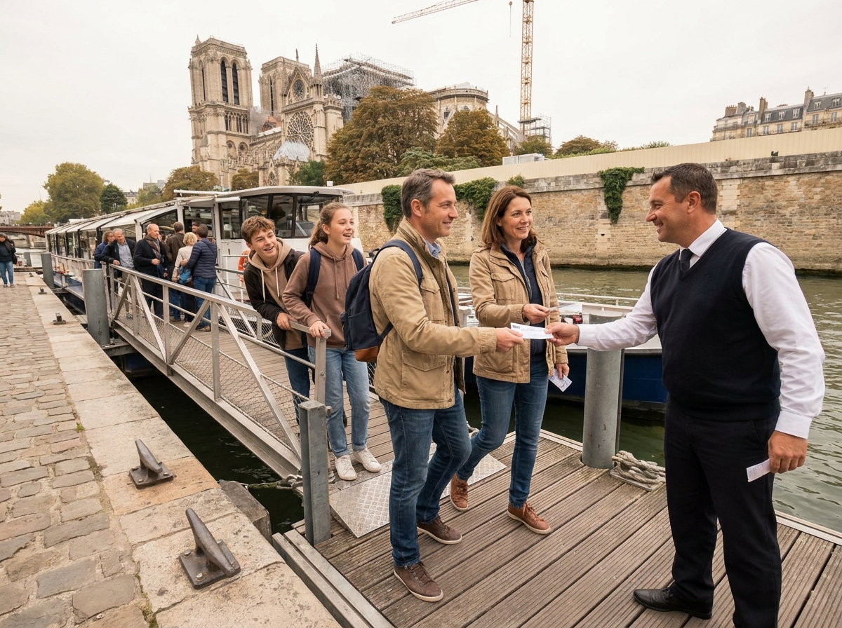 Famille embarquant sur un bateau de croisière sur la Seine près de Notre-Dame de Paris