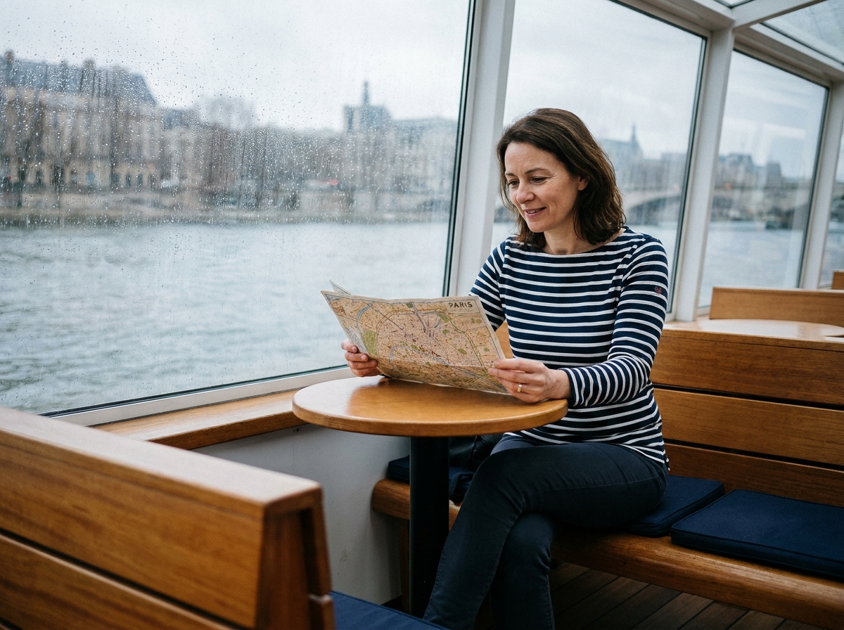 Femme consultant un plan de Paris à bord d'un bateau de croisière sur la Seine, vue par les fenêtres panoramiques