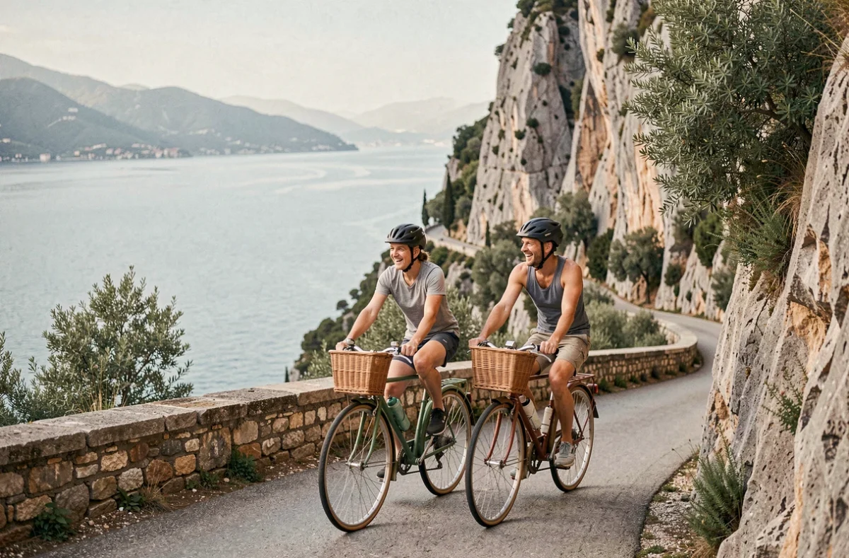 Couple de cyclistes sur une route panoramique en falaise surplombant le lac de Garde en Italie