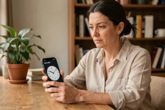 Femme consultant deux fuseaux horaires sur son smartphone entre la France et La Réunion