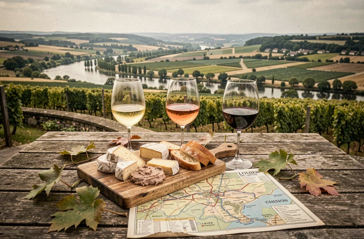 Table de dégustation de vins du Val de Loire avec fromages de chèvre et vue sur la Loire