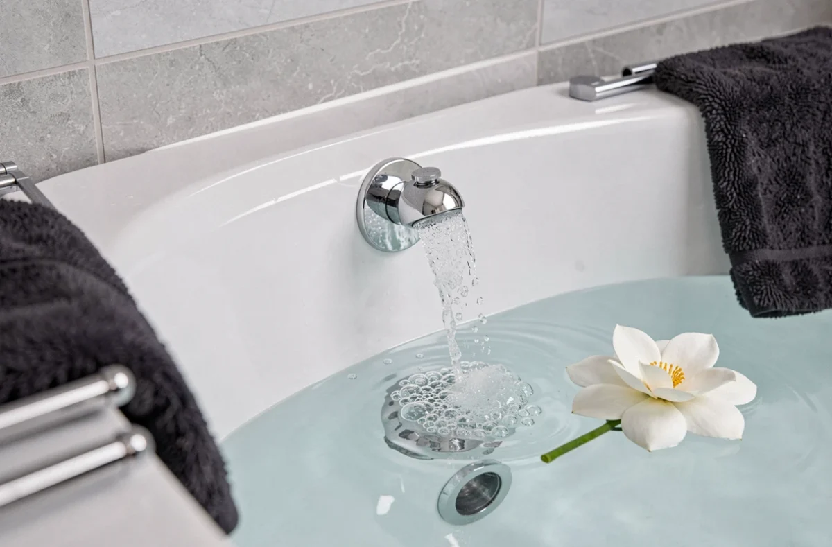 Détail d'un jacuzzi avec jet chromé et fleur blanche flottant dans l'eau d'une chambre d'hôtel parisien