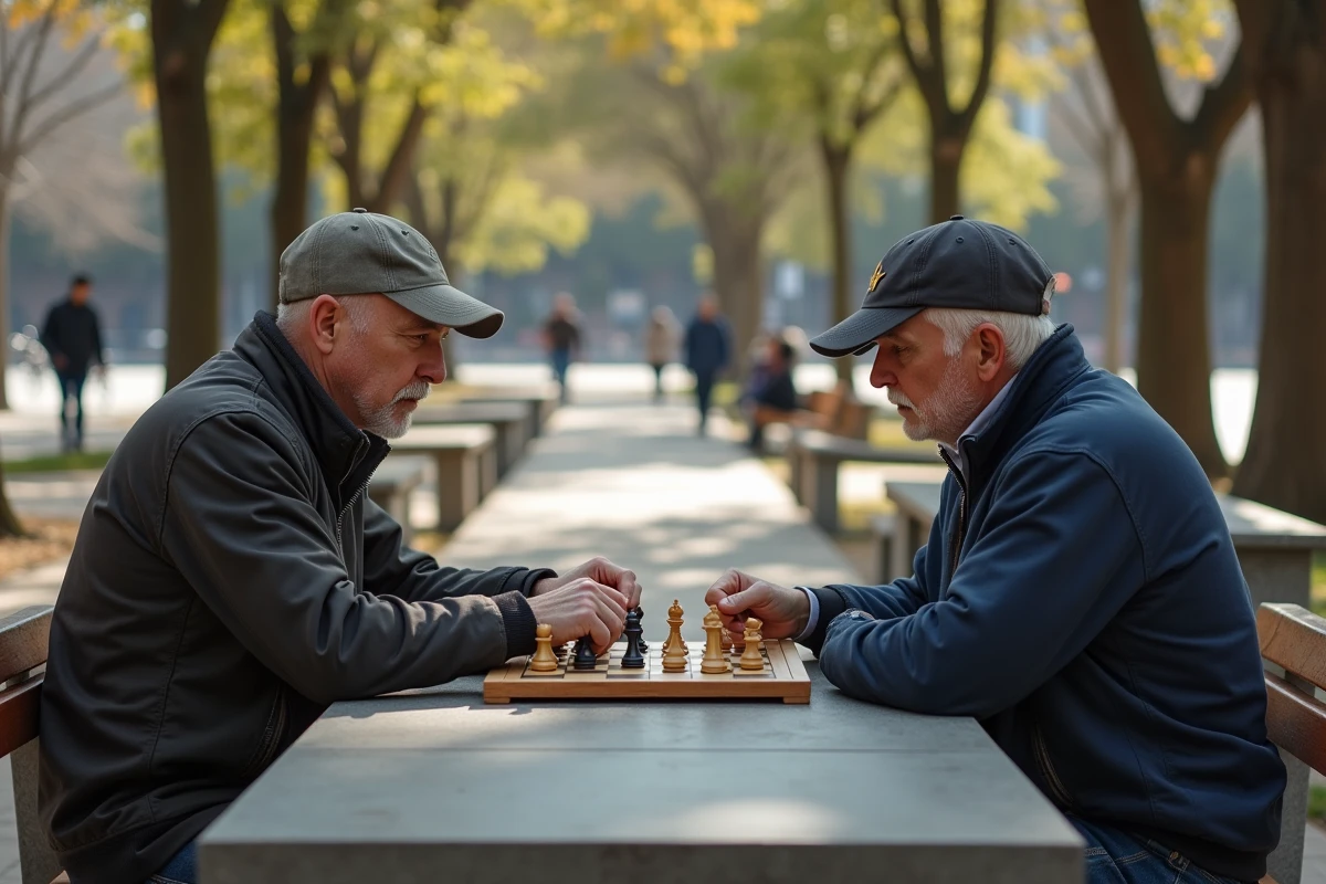 Deux hommes jouent aux échecs dans un parc de Corona