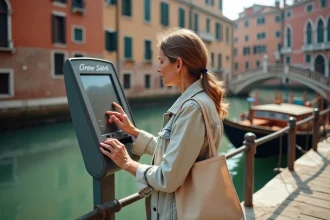 Touriste consultant un distributeur de billets de vaporetto à Venise sur un quai en bois