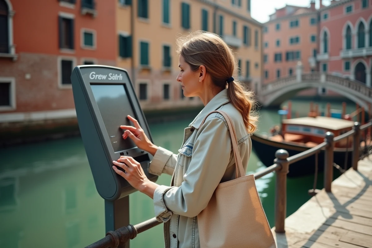 Touriste consultant un distributeur de billets de vaporetto à Venise sur un quai en bois