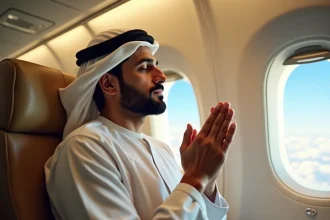 Homme en voyage récitant une doua dans un avion, mains levées en signe de supplication, expression sereine