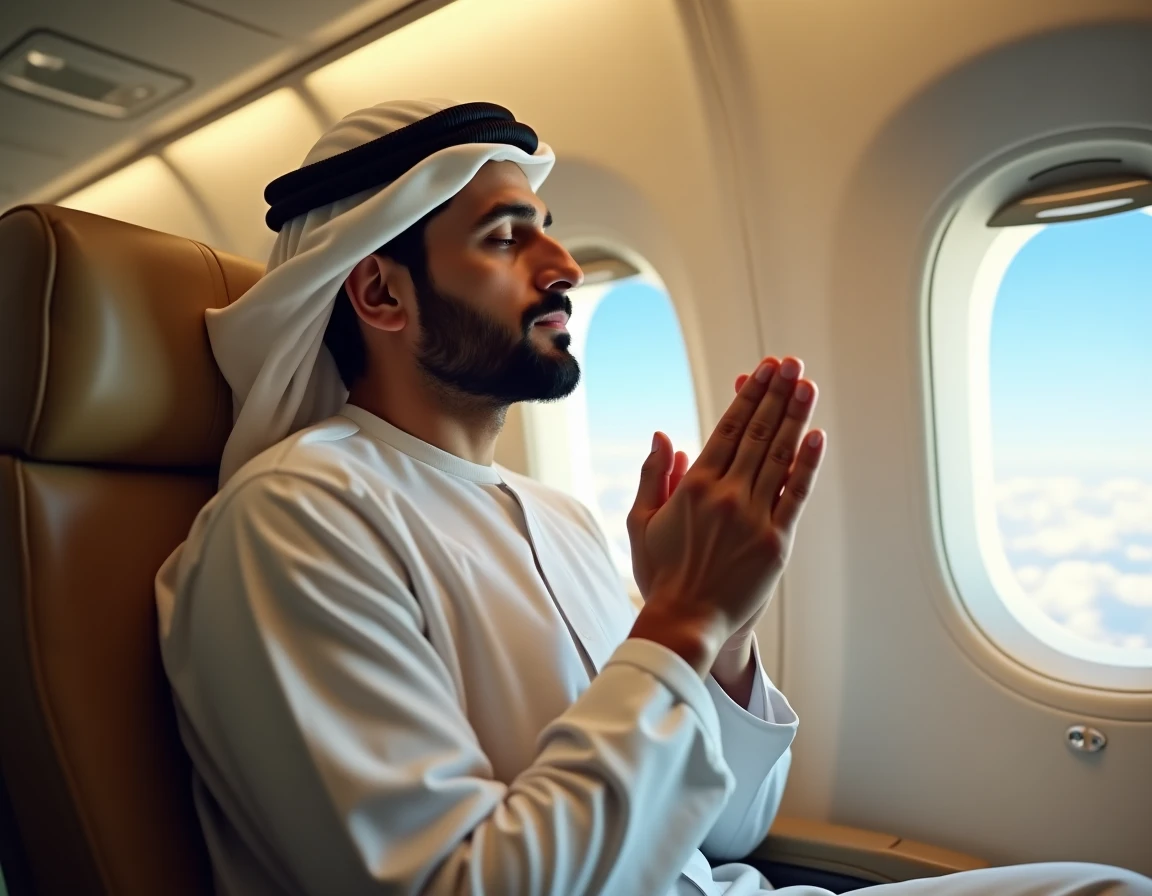 Homme en voyage récitant une doua dans un avion, mains levées en signe de supplication, expression sereine