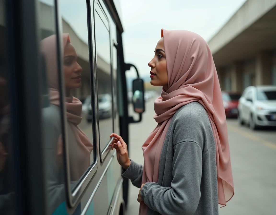 Femme musulmane récitant une prière de voyage avant de monter dans un bus, hijab rose, gare routière