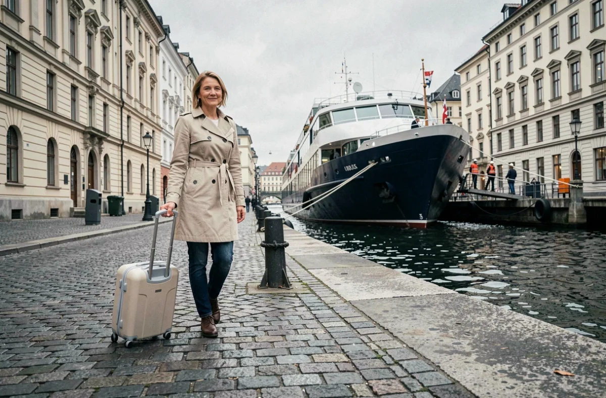 Femme voyageuse arrivant avec sa valise sur le quai d'embarquement d'une croisière sur le Danube à Vienne