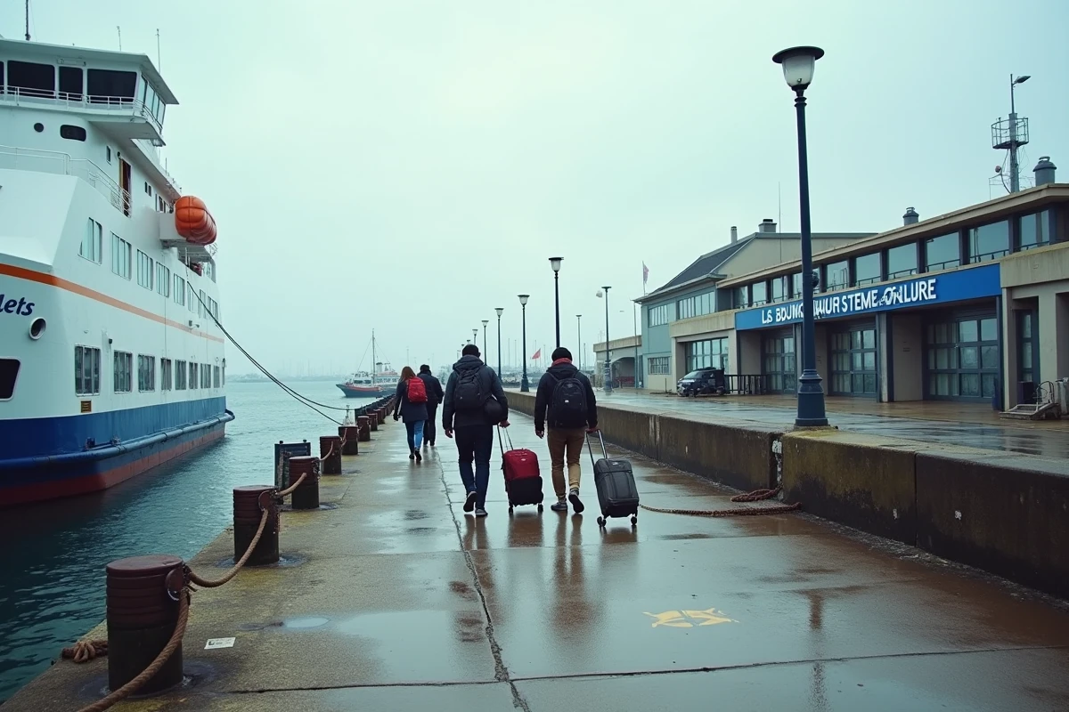 Passagers embarquant à bord du ferry au terminal de Lorient pour rejoindre l'île de Groix, quai portuaire breton