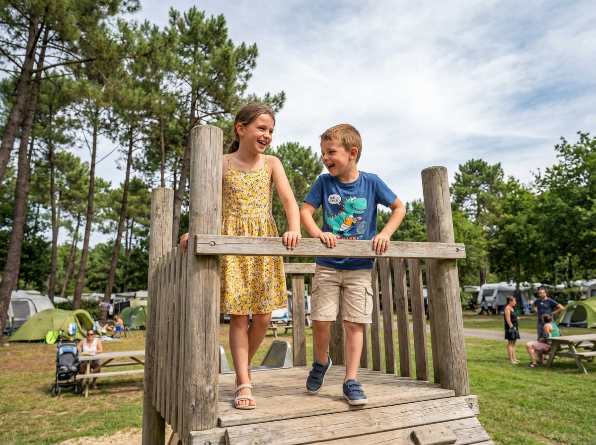 Enfants jouant sur une structure en bois au camping près de Les Sables d