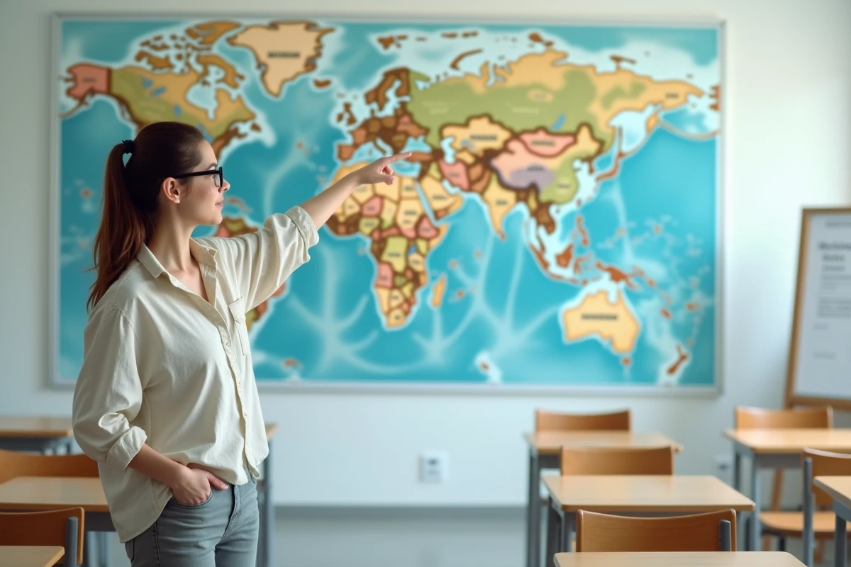 Femme enseignante pointant les Maldives sur une grande carte du monde accrochée au mur d'une salle de classe
