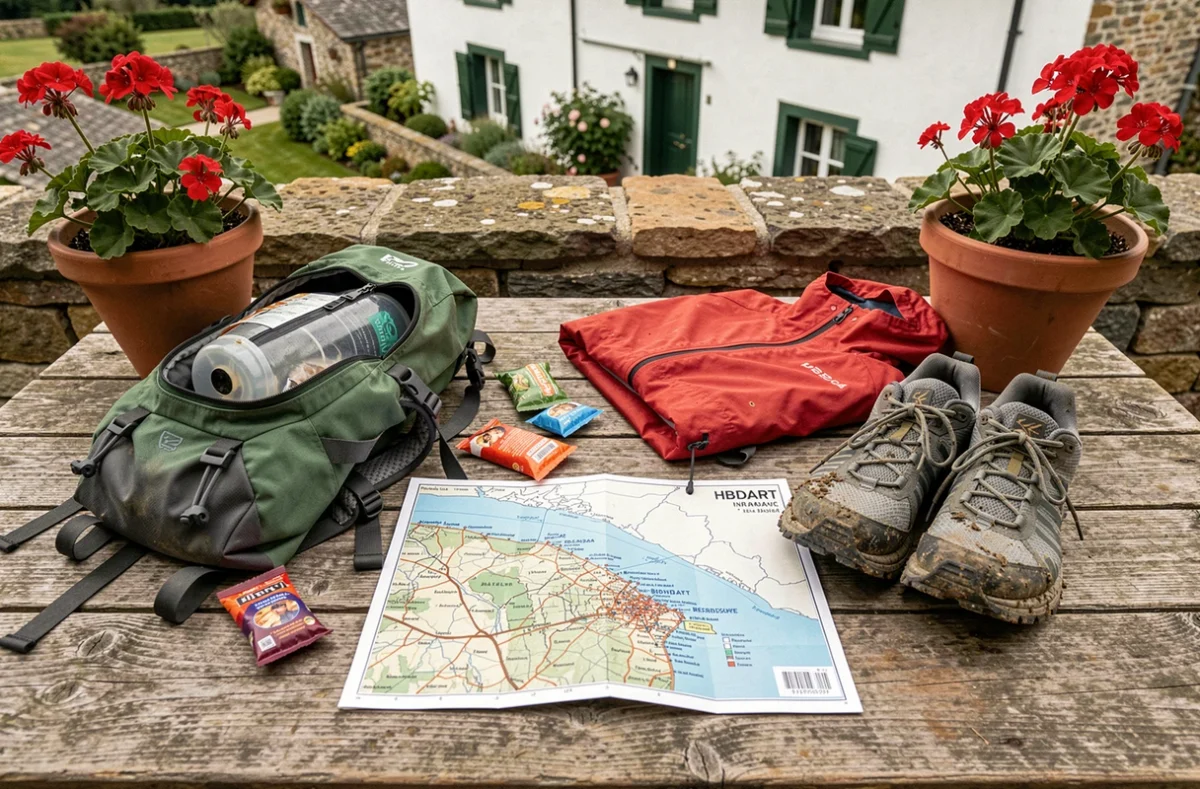 Équipement de randonnée préparé pour le sentier côtier basque entre Bidart et Hendaye, posé sur une table en bois