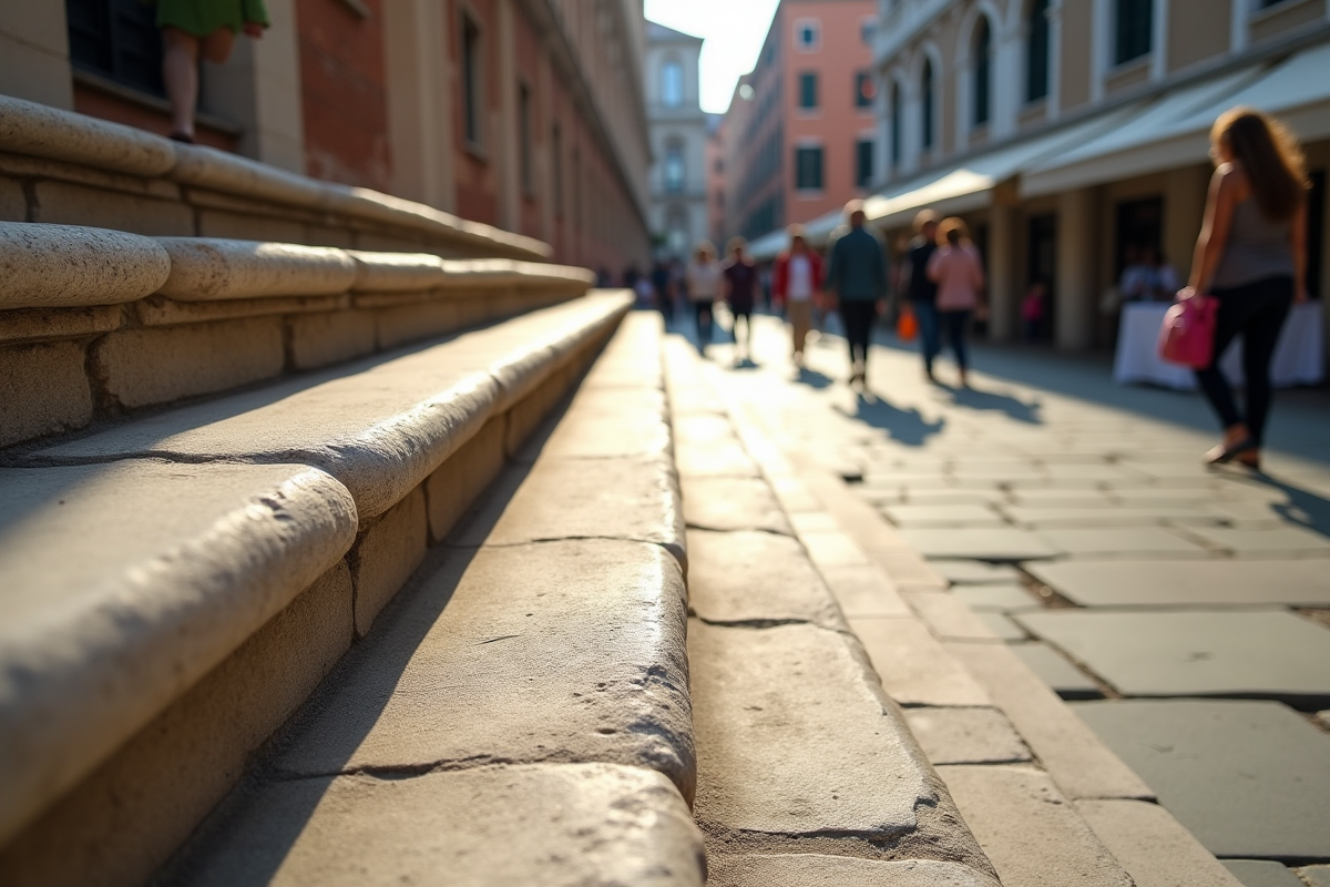 Escaliers en pierre dans une place animée de Venise