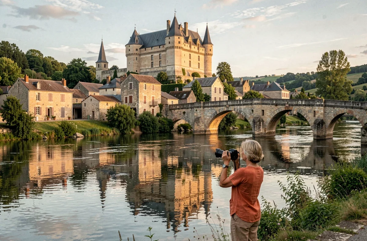 Le château et le pont gothique d'Estaing sur la rivière Lot en Aveyron