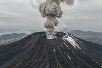 Vue aérienne de l'Etna en activité avec panache de cendres s'élevant du cratère sommital