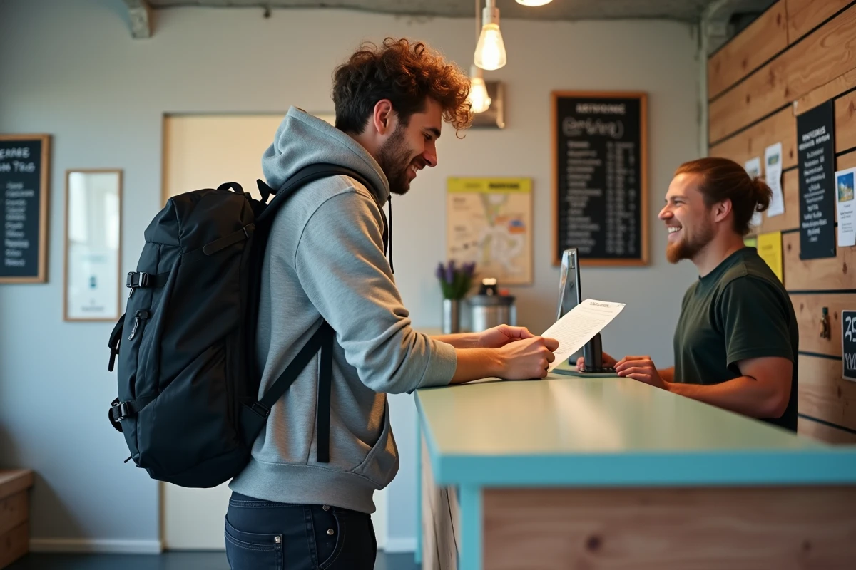 Jeune étudiant s'enregistrant dans une auberge de jeunesse économique à Dublin lors de son voyage en Irlande