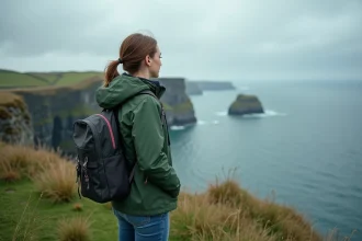 Étudiante avec sac à dos admirant les falaises côtières irlandaises lors d'un voyage pas cher en Irlande