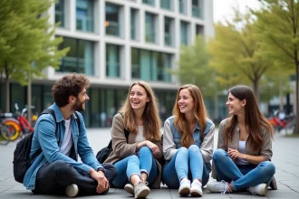 Groupe d'étudiants souriants devant un bâtiment moderne à Aix en Provence