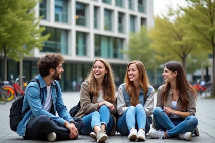 Groupe d'étudiants souriants devant un bâtiment moderne à Aix en Provence