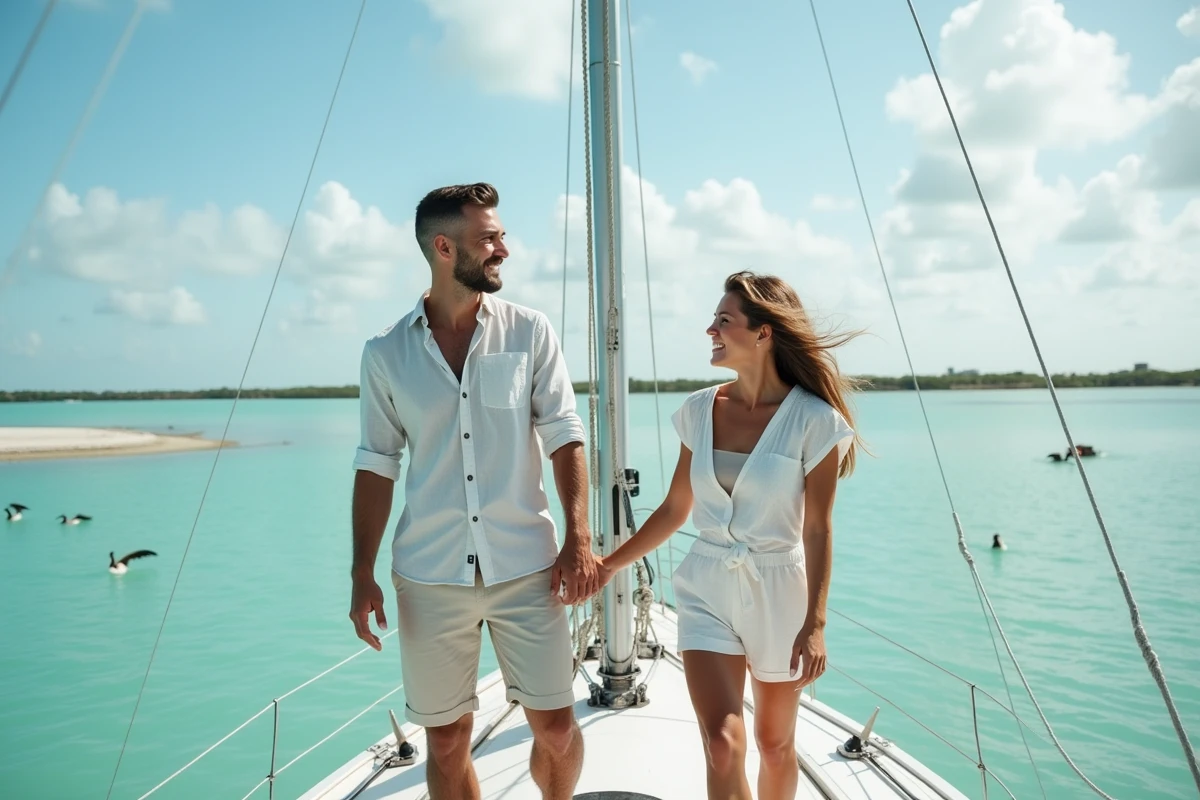 Couple en excursion en catamaran depuis Marathon vers Key West dans les Florida Keys sous un ciel bleu