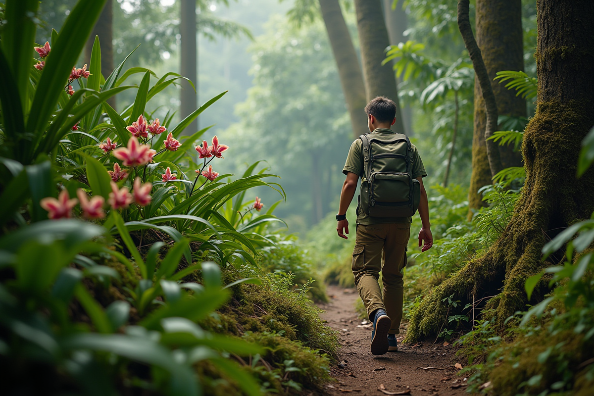 Jeune explorateur dans la forêt amazonienne en randonnée
