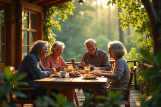 Famille multigenerational dans une cabane dans les arbres en forêt