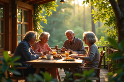 Famille multigenerational dans une cabane dans les arbres en forêt